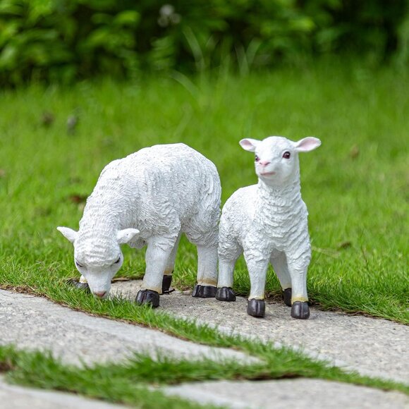 White Resin Grass-eating Lamb Figurine Statue Decorative Animal Sculpture - Picture 6 of 6